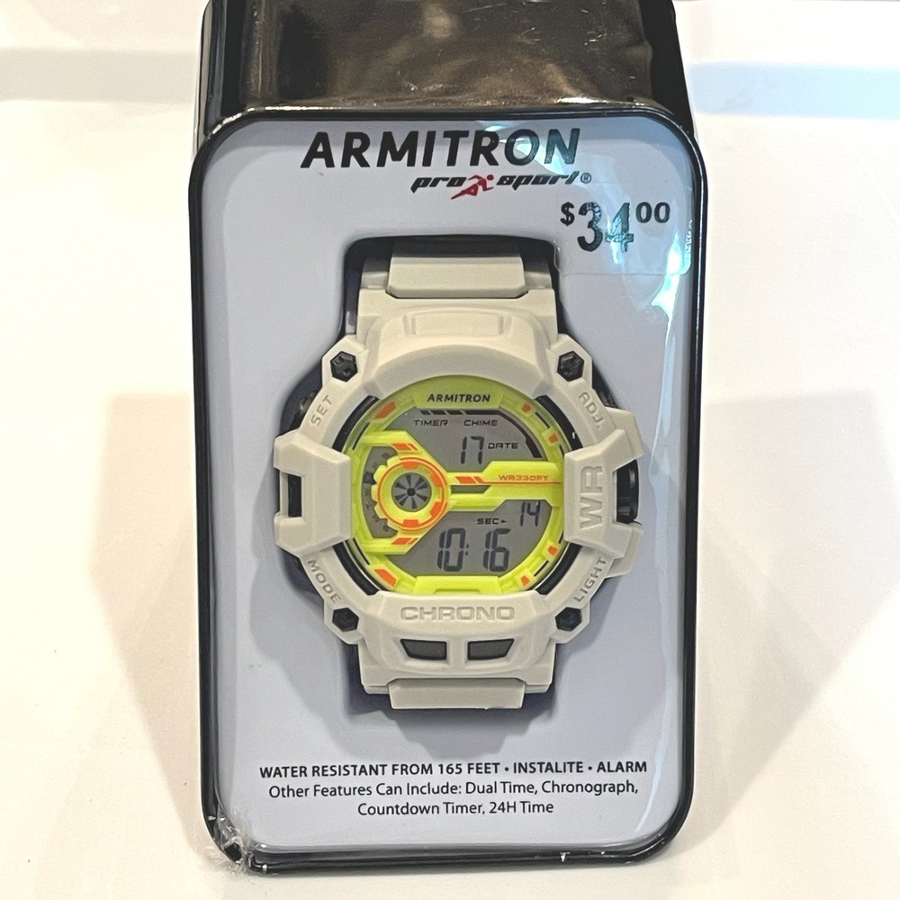 Armitron Pro Sport Mens Digital Chronograph Watch Grey Neon Yellow NEW